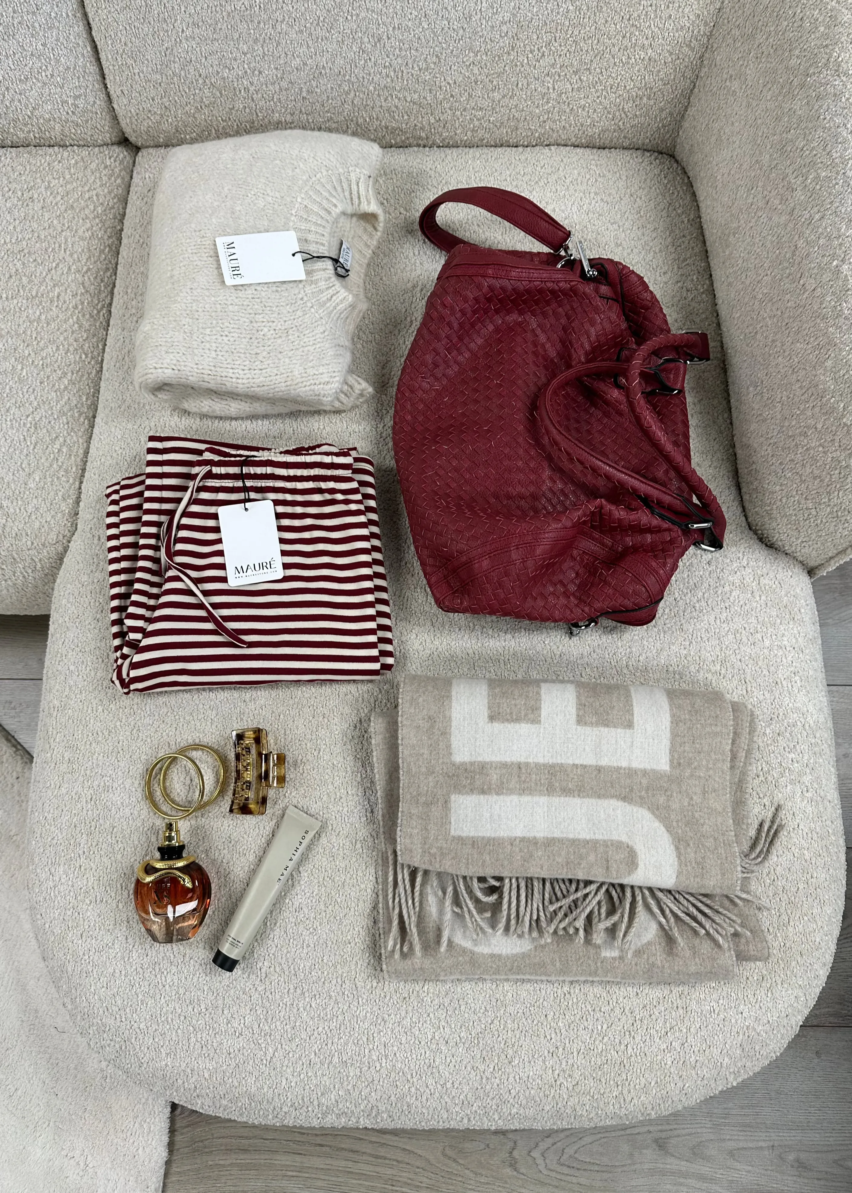 Soft striped pants crème/burgundy (tall)