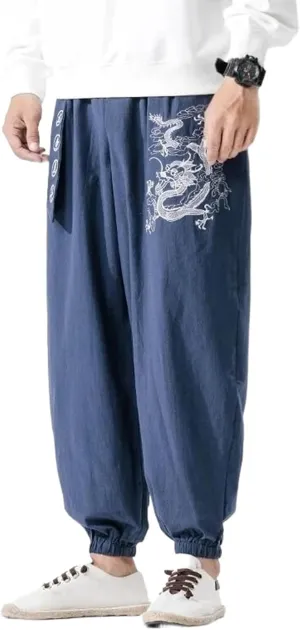 Spring Chinese Style Cotton Linen Casual Pants for Men Embroidery Harem Pants