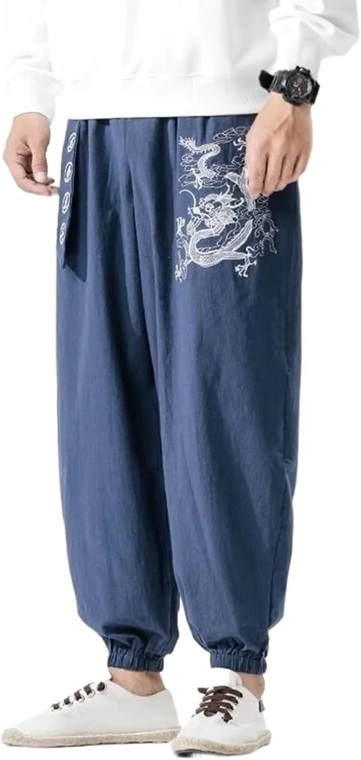 Spring Chinese Style Cotton Linen Casual Pants for Men Embroidery Harem Pants