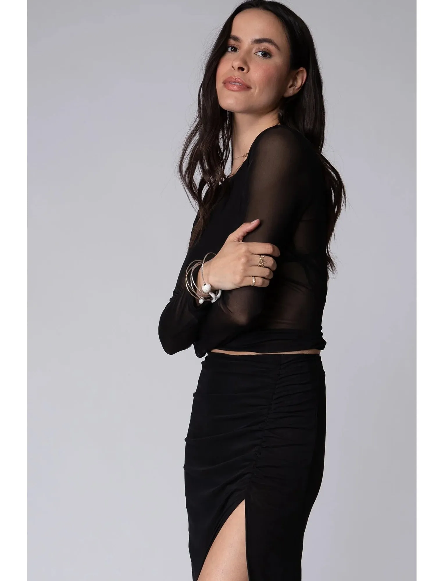 Stillwater Mesh Slim Crop Top Tee Long Sleeve in Black