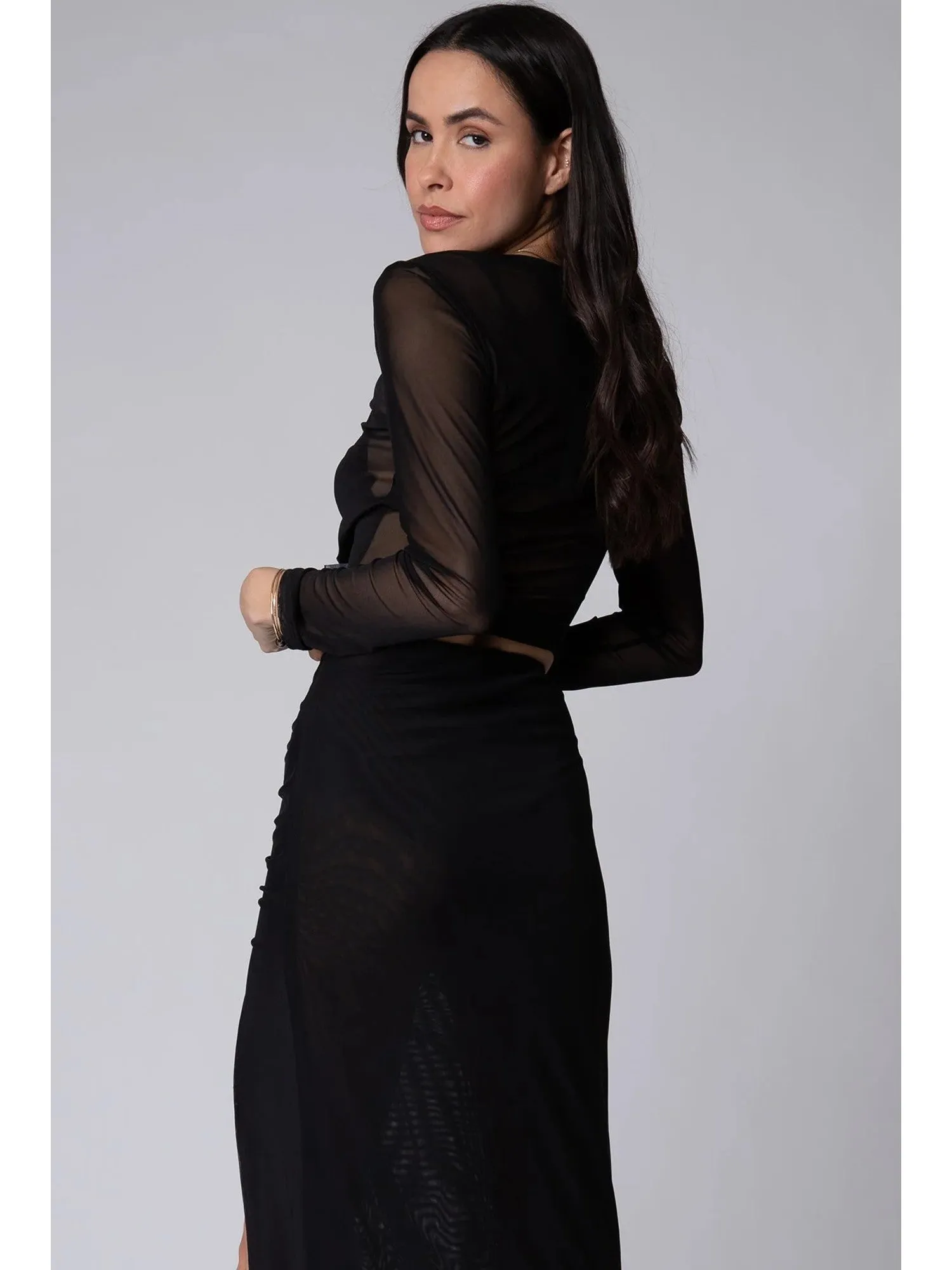 Stillwater Mesh Slim Crop Top Tee Long Sleeve in Black
