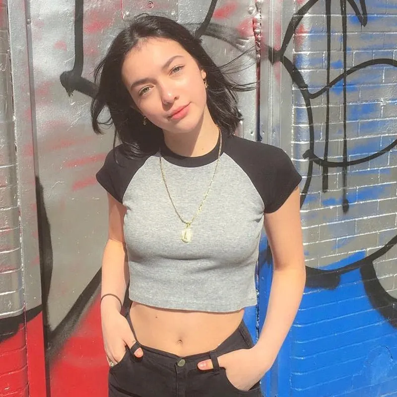 Summer Contrast Color Cute Crop Top Slim Basic Short Sleeve Tees