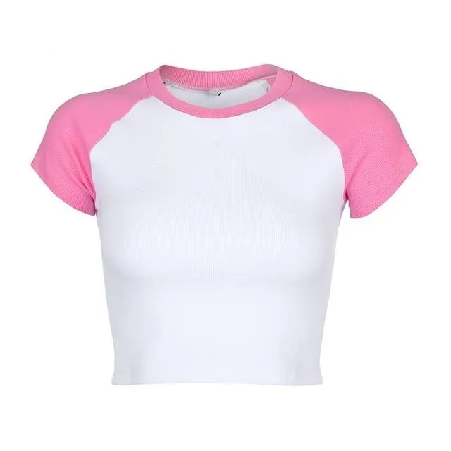 Summer Contrast Color Cute Crop Top Slim Basic Short Sleeve Tees