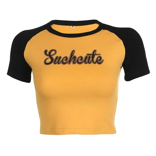 Summer Contrast Color Cute Crop Top Slim Basic Short Sleeve Tees