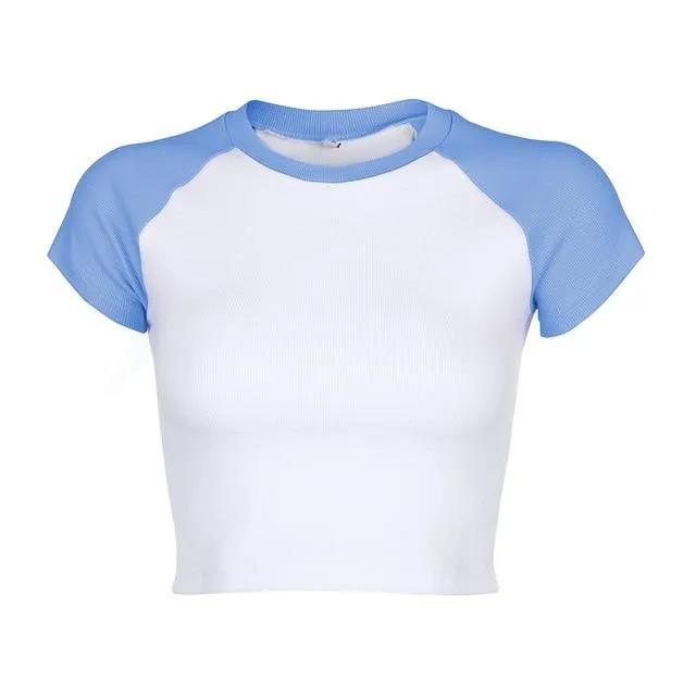 Summer Contrast Color Cute Crop Top Slim Basic Short Sleeve Tees