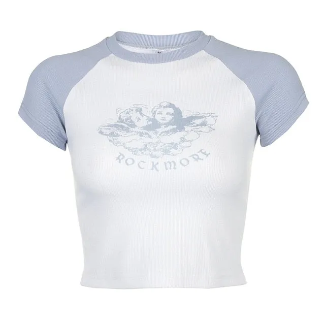 Summer Contrast Color Cute Crop Top Slim Basic Short Sleeve Tees