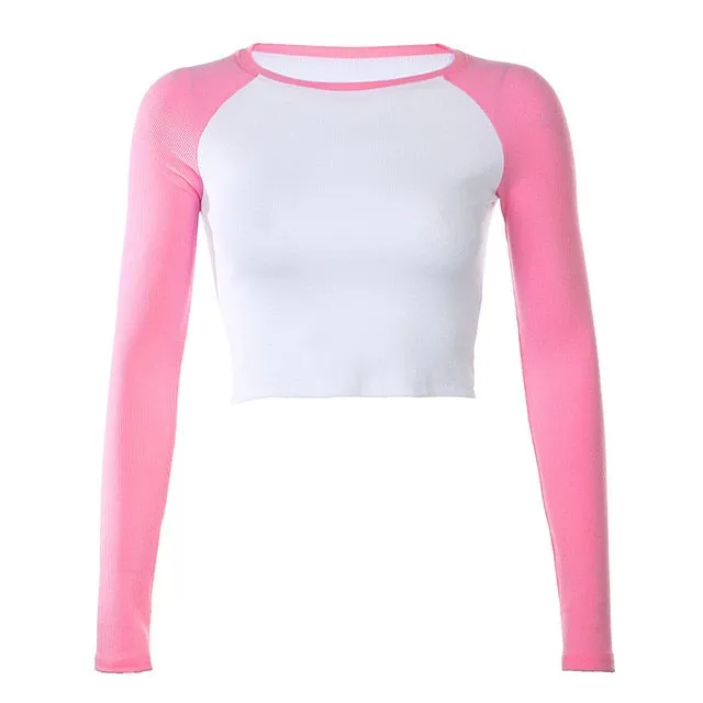 Summer Contrast Color Cute Crop Top Slim Basic Short Sleeve Tees
