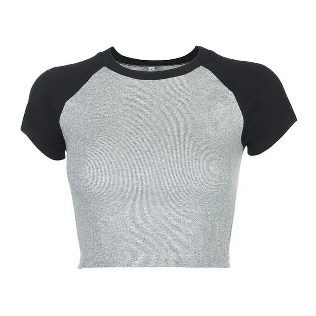 Summer Contrast Color Cute Crop Top Slim Basic Short Sleeve Tees