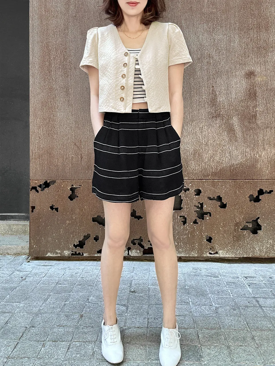 Surprise Sale! Black Stripe Pleated Detail Breezy Light-weighted Shorts