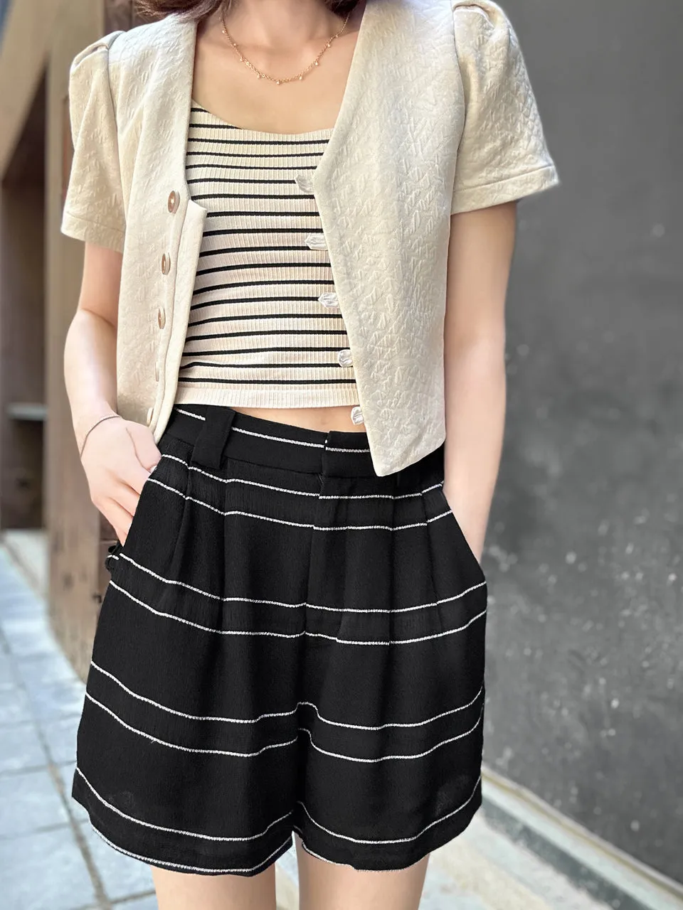 Surprise Sale! Black Stripe Pleated Detail Breezy Light-weighted Shorts