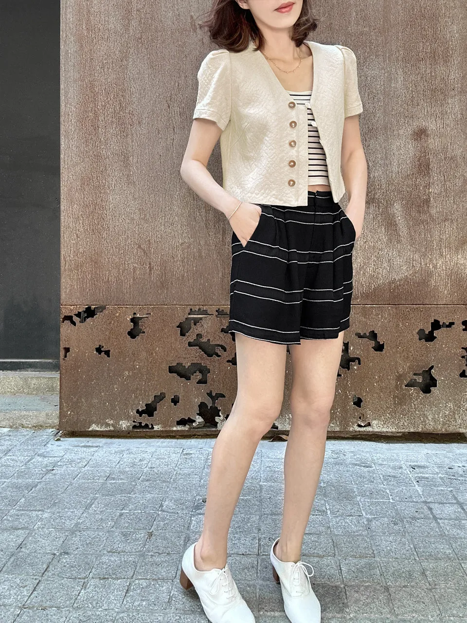 Surprise Sale! Black Stripe Pleated Detail Breezy Light-weighted Shorts