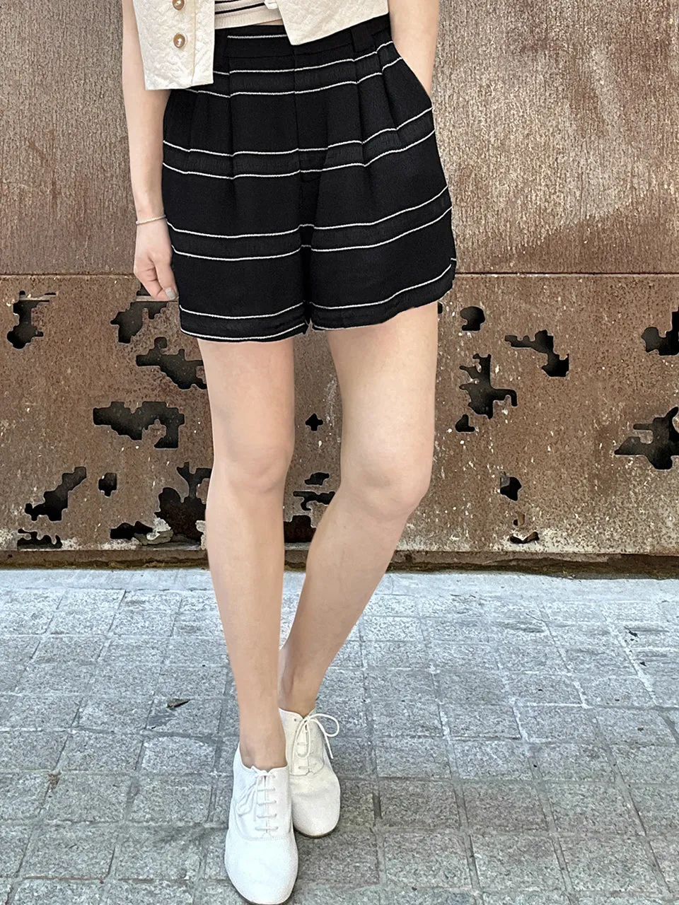 Surprise Sale! Black Stripe Pleated Detail Breezy Light-weighted Shorts