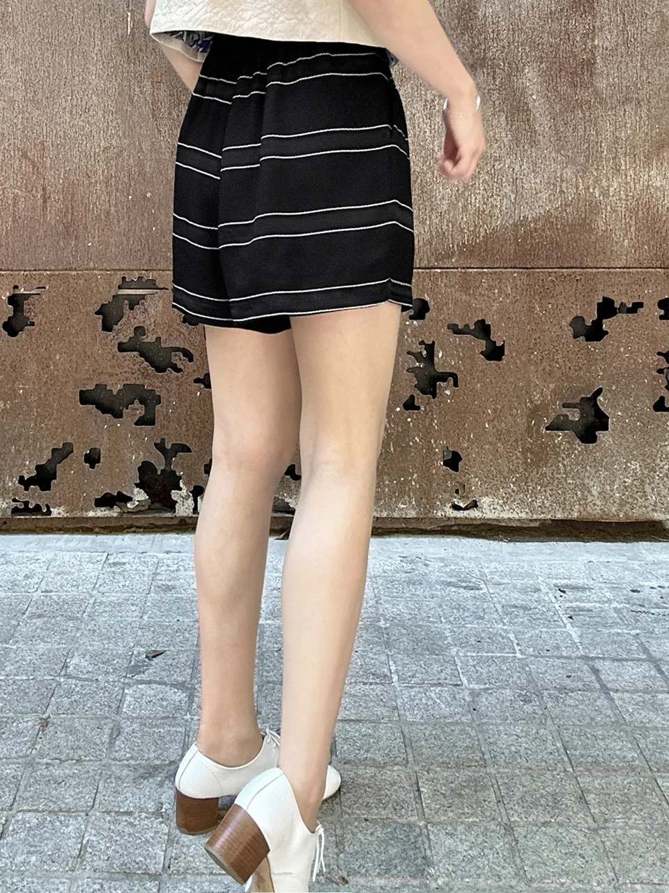 Surprise Sale! Black Stripe Pleated Detail Breezy Light-weighted Shorts