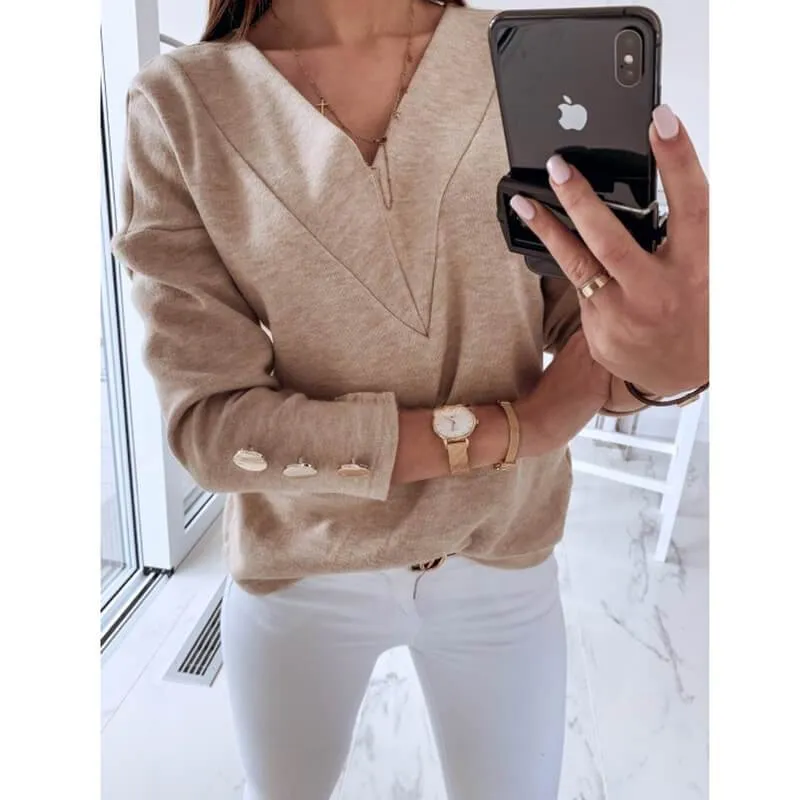 V-neck Loose Bright Button T-shirt