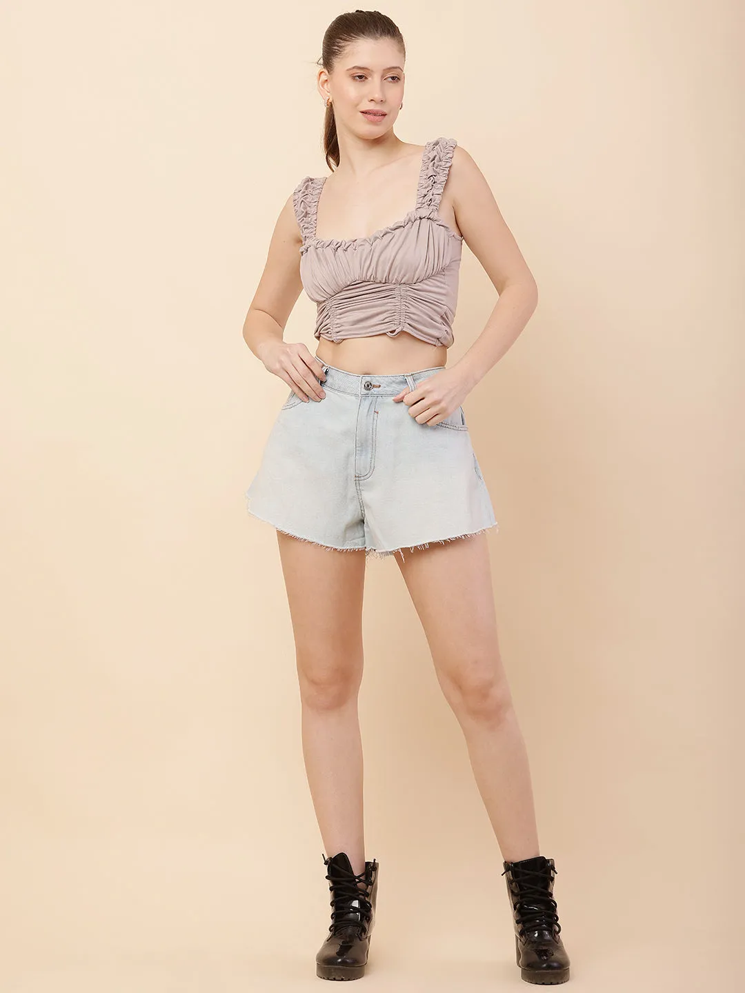Women blue cotton light-wash denim shorts