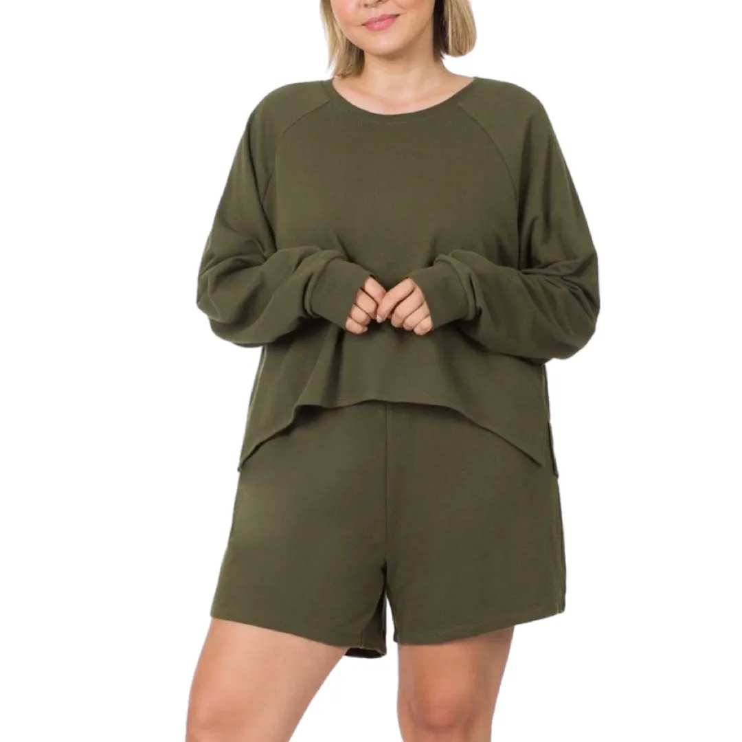 WOMEN PLUS FRENCH TERRY OVERSIZED TOP AND DRAWSTRING SHORT SET