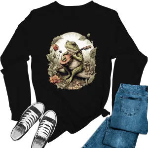 Women's Banjo Frog Cottagecore Long Sleeve Graphic Tees
