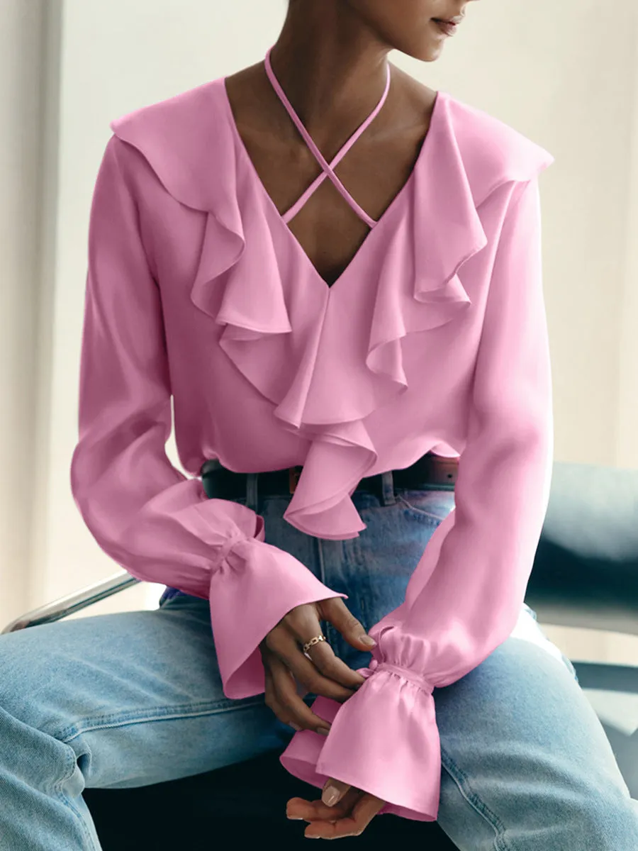 Women's Fashionable Simple Ruffled Shirt Long Sleeve