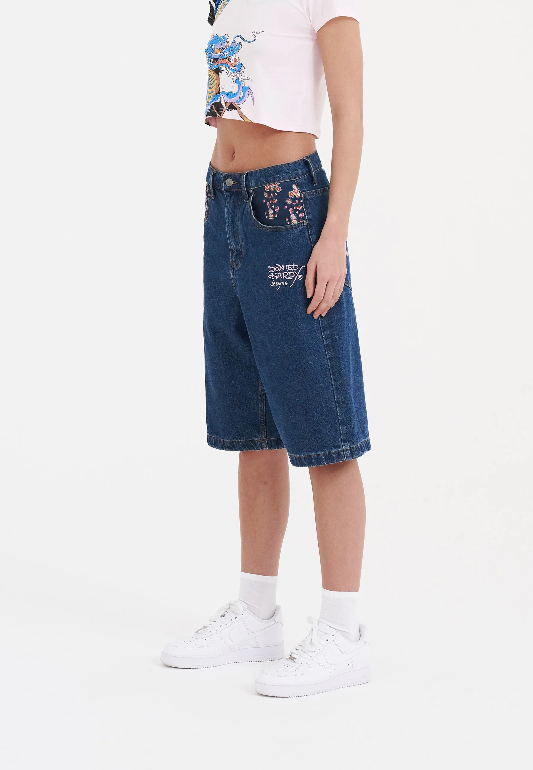 Womens Grey Dragon Relaxed Denim Jorts Shorts - Indigo
