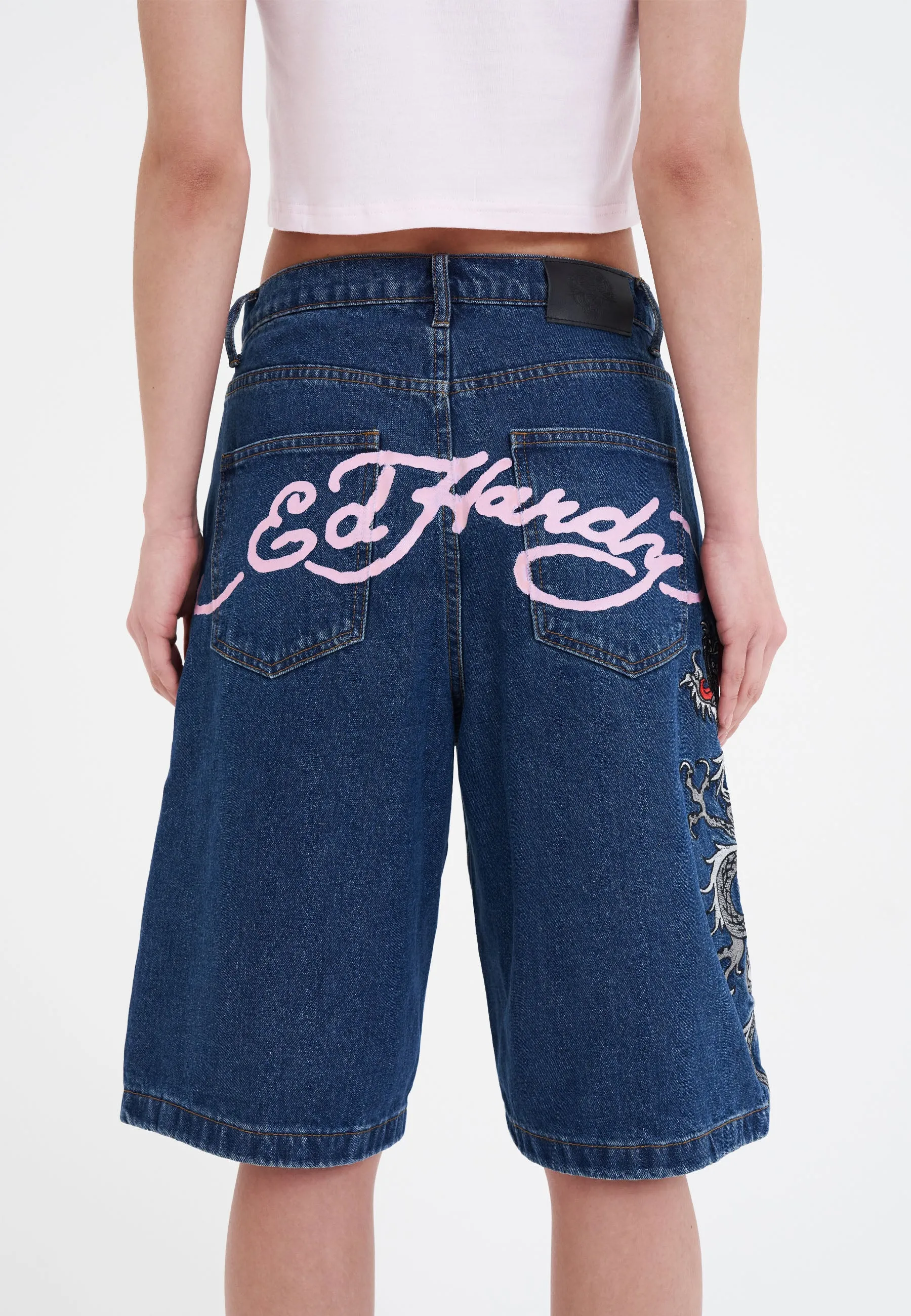 Womens Grey Dragon Relaxed Denim Jorts Shorts - Indigo