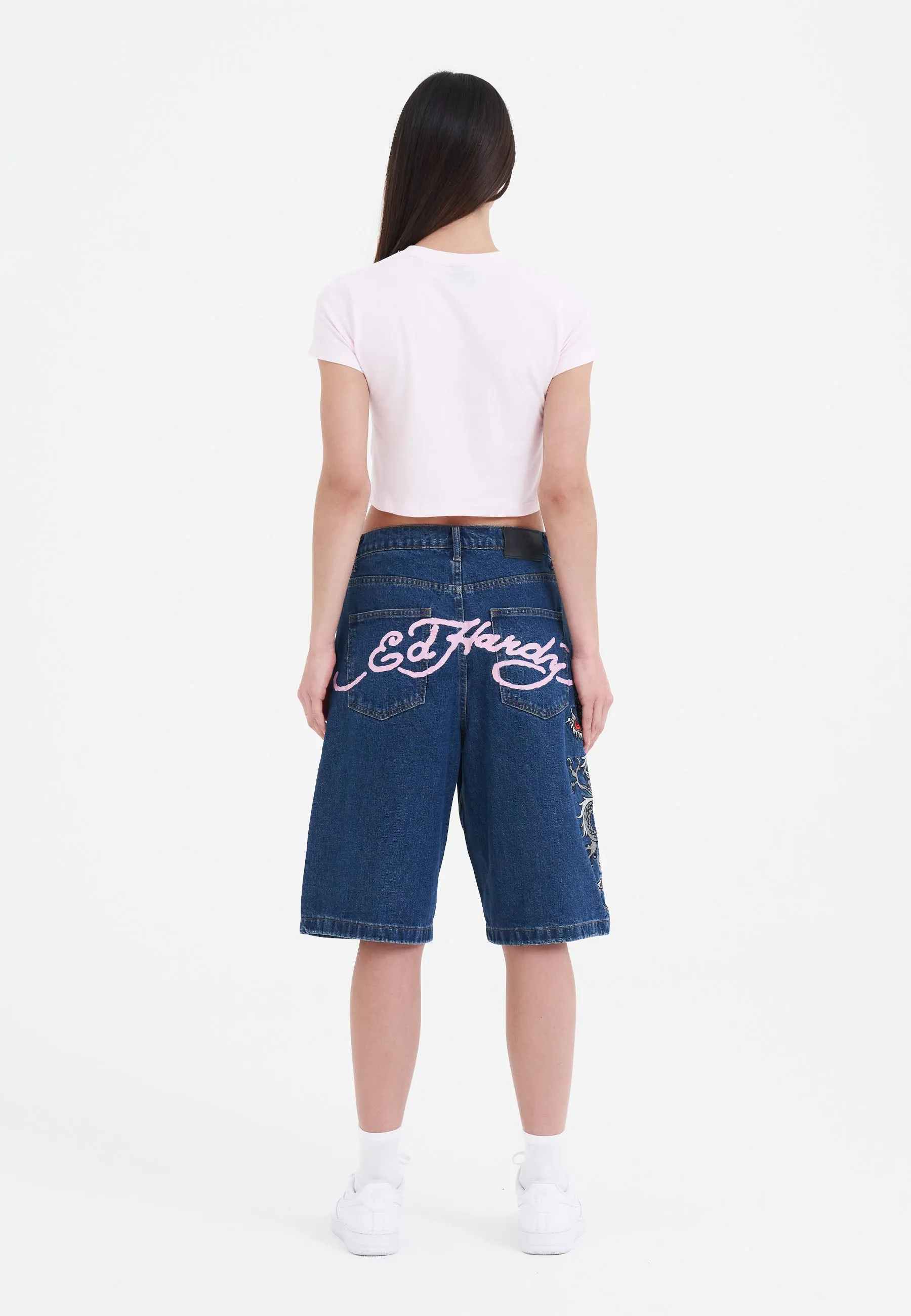 Womens Grey Dragon Relaxed Denim Jorts Shorts - Indigo