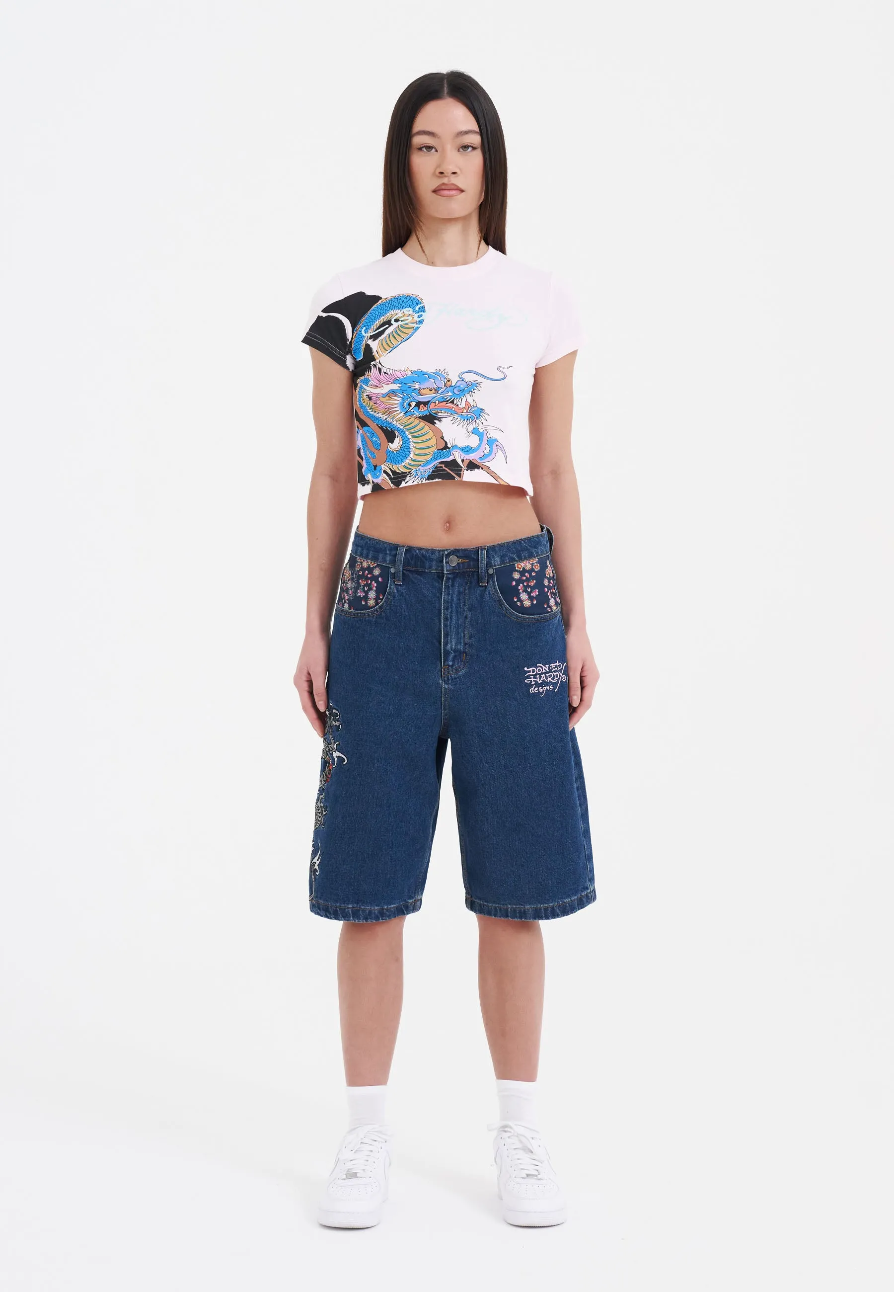 Womens Grey Dragon Relaxed Denim Jorts Shorts - Indigo
