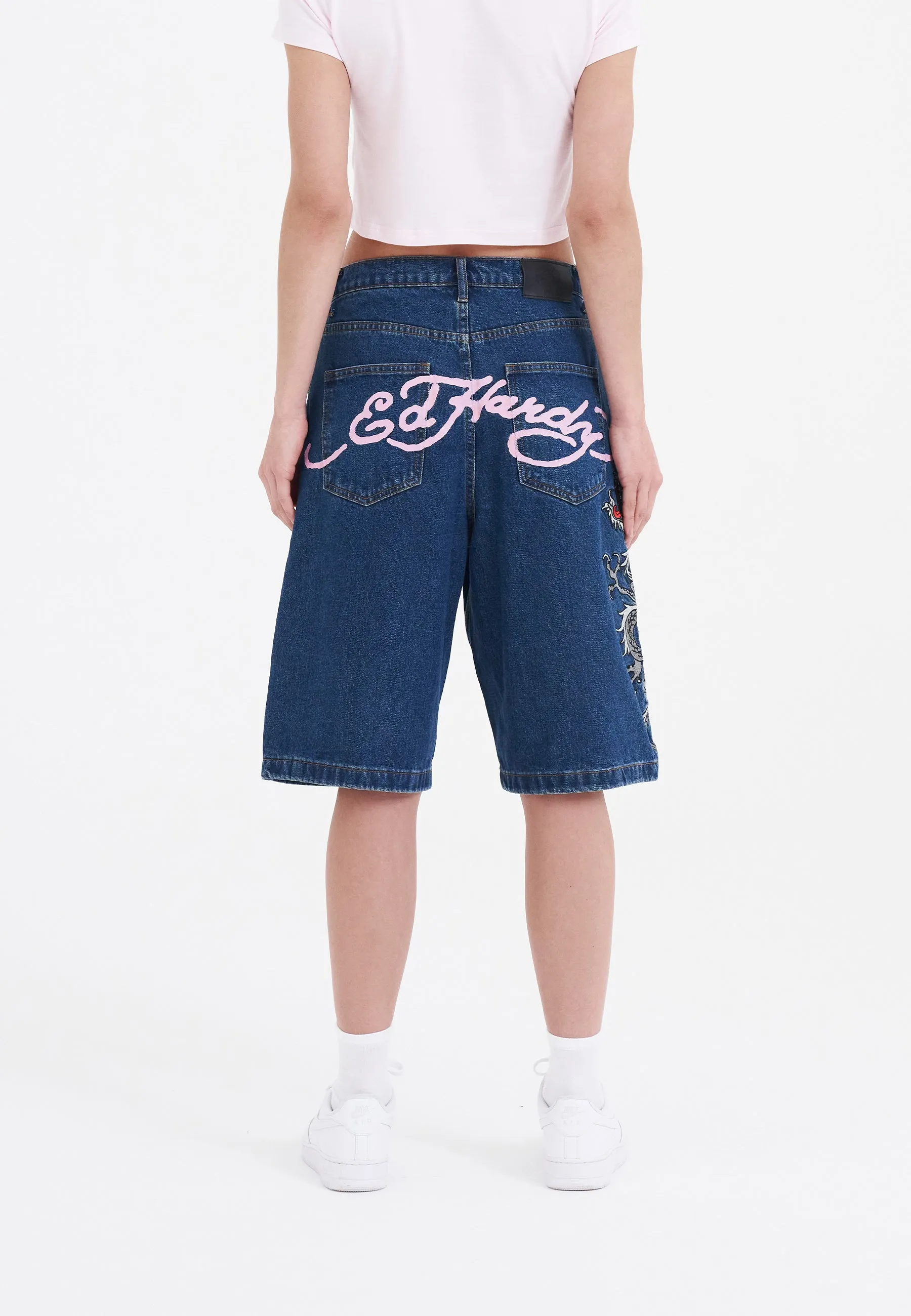Womens Grey Dragon Relaxed Denim Jorts Shorts - Indigo
