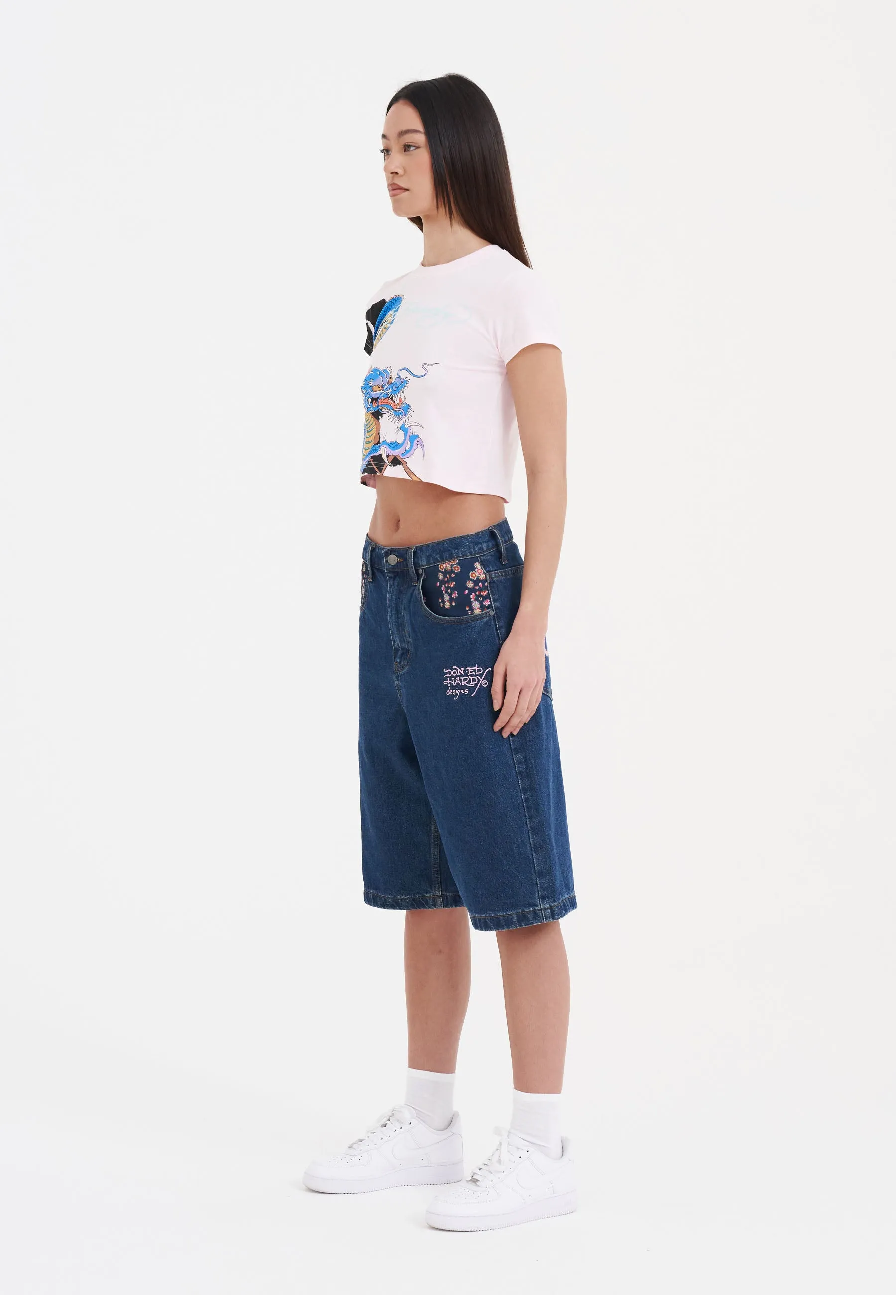 Womens Grey Dragon Relaxed Denim Jorts Shorts - Indigo