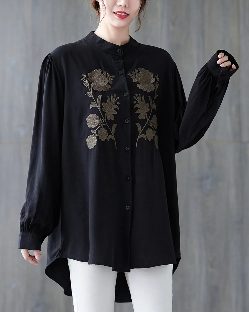 Women's Shirt Button Down Long Sleeve Pattern with Flowers High Low Hem Solid Loose Oversize GA2766