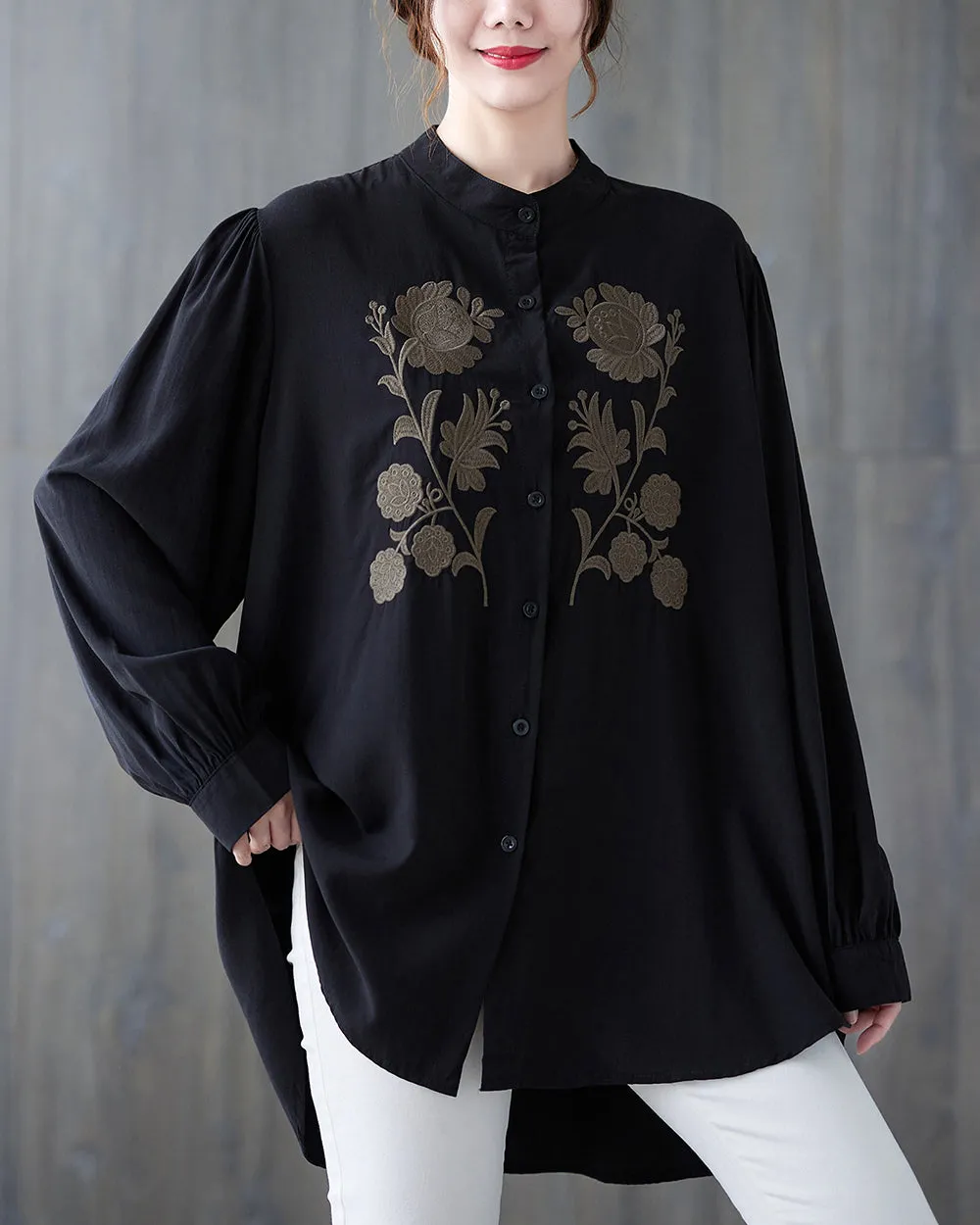 Women's Shirt Button Down Long Sleeve Pattern with Flowers High Low Hem Solid Loose Oversize GA2766