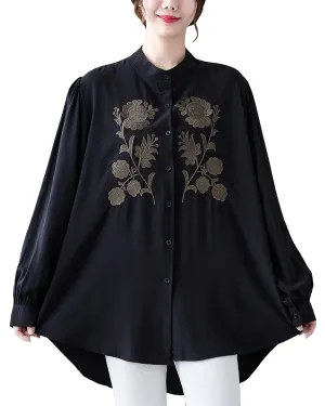 Women's Shirt Button Down Long Sleeve Pattern with Flowers High Low Hem Solid Loose Oversize GA2766