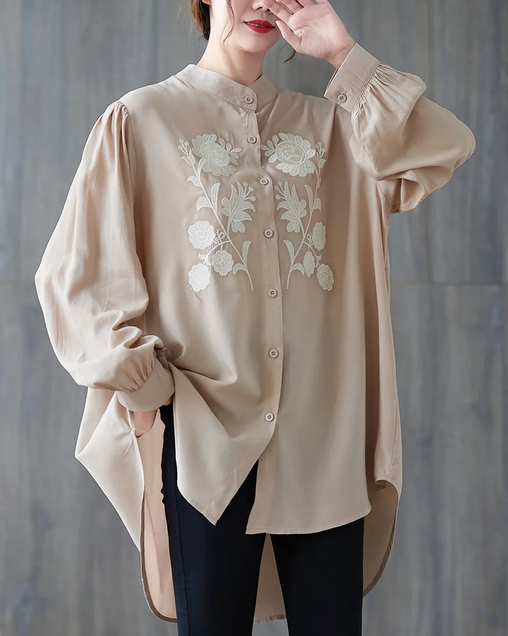Women's Shirt Button Down Long Sleeve Pattern with Flowers High Low Hem Solid Loose Oversize GA2766