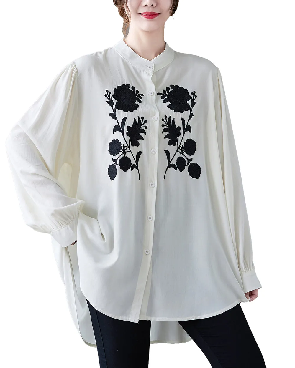 Women's Shirt Button Down Long Sleeve Pattern with Flowers High Low Hem Solid Loose Oversize GA2766