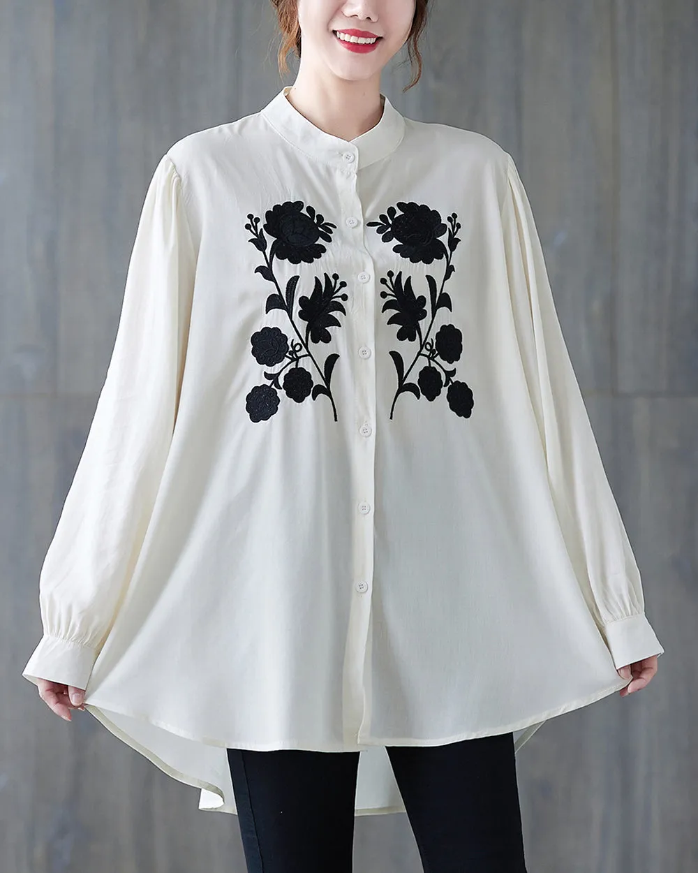 Women's Shirt Button Down Long Sleeve Pattern with Flowers High Low Hem Solid Loose Oversize GA2766