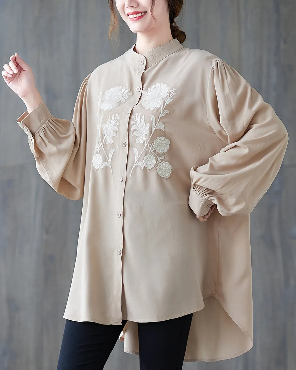 Women's Shirt Button Down Long Sleeve Pattern with Flowers High Low Hem Solid Loose Oversize GA2766