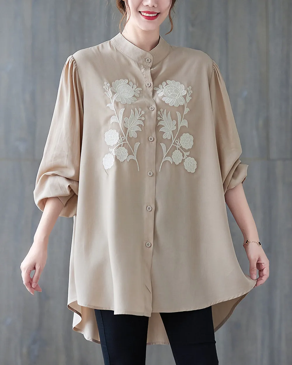 Women's Shirt Button Down Long Sleeve Pattern with Flowers High Low Hem Solid Loose Oversize GA2766