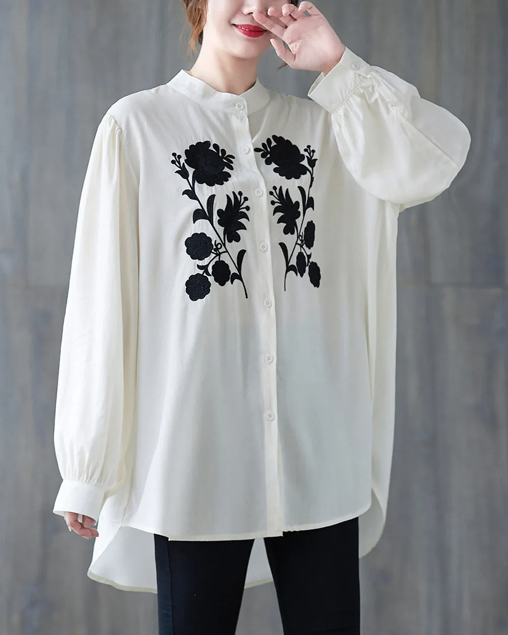 Women's Shirt Button Down Long Sleeve Pattern with Flowers High Low Hem Solid Loose Oversize GA2766