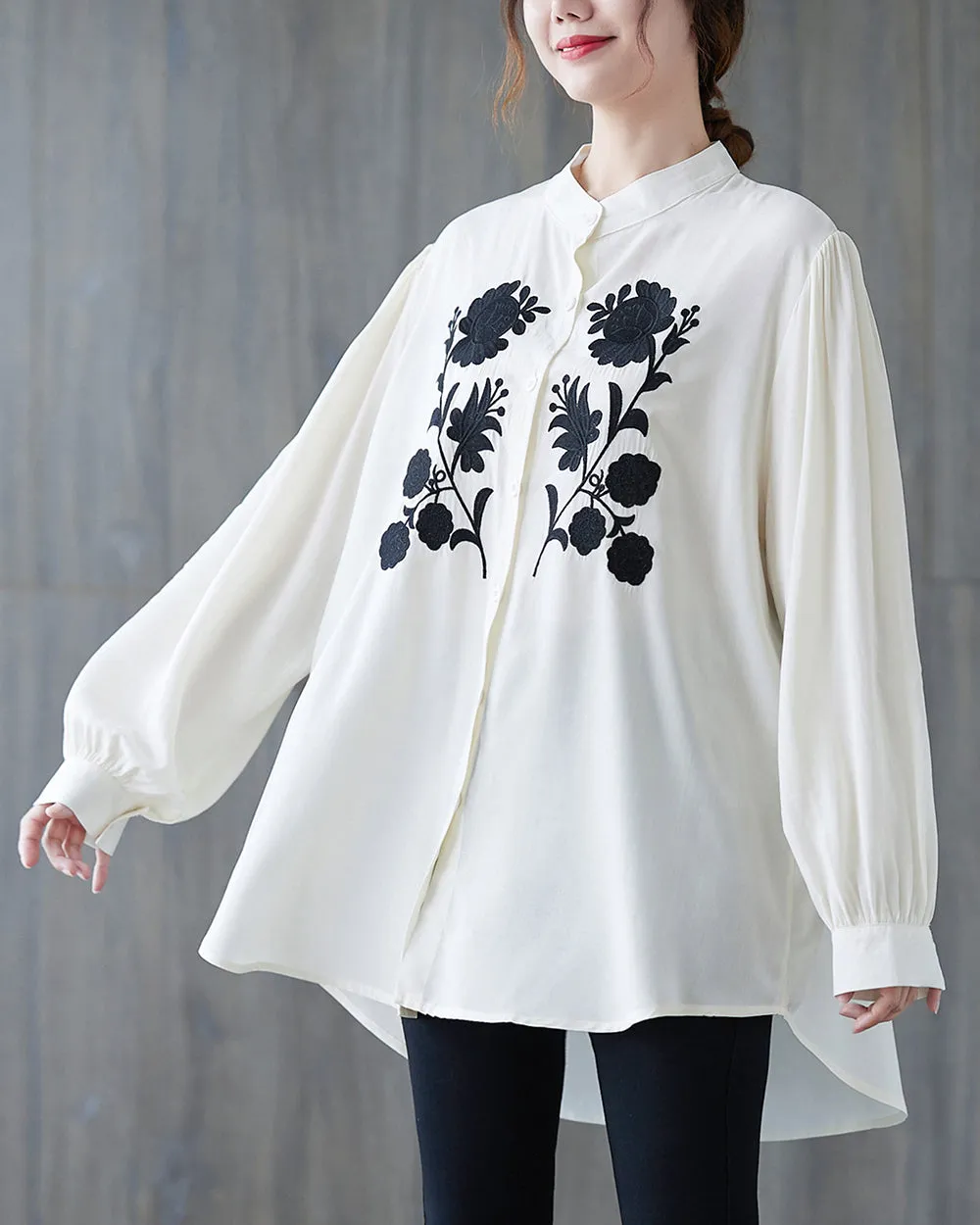 Women's Shirt Button Down Long Sleeve Pattern with Flowers High Low Hem Solid Loose Oversize GA2766