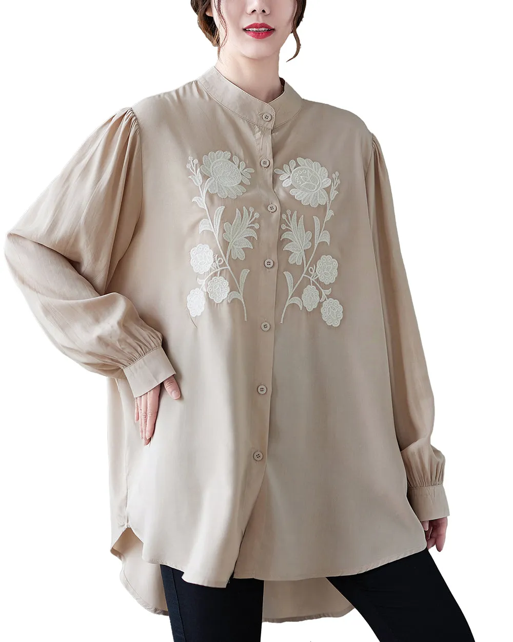 Women's Shirt Button Down Long Sleeve Pattern with Flowers High Low Hem Solid Loose Oversize GA2766